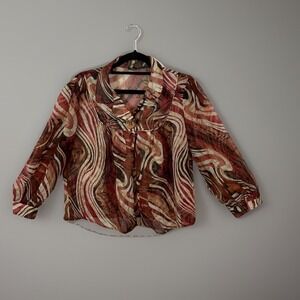 Sere Nade Brown Swirl Sheer‎ Blouse Button Front Collared Top Women's Medium